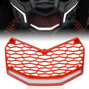 imageSAUTVS Front Red Grille with LED Light for Maverick X3 New Red Premium Front Bumper Mesh Grill with LED Light Bar for CanAm Maverick X3 MAX Turbo R 20172025 Accessories