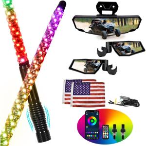 imageSAUTVS Folding Side Mirrors Center Rearview Mirror Kit ampamp 2PCS 3FT LED Whip Lights with Spring Base for Polaris RZR XP 1000 UltimateSportPremium 2024 2025 Accessories