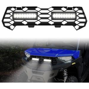 imageSAUTVS Front Mesh Grill with Accent Light for Ranger SP 570 2022 Waterproof Black Mesh Grille with LED Light Bar for Polaris Ranger SP 570  Crew SP 570 2022 2023 2024 Accessories 1PCS